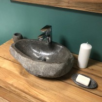 Vasque à poser 40 / 60 cm en pierre de rivière  avec support robinetterie - Ivela 